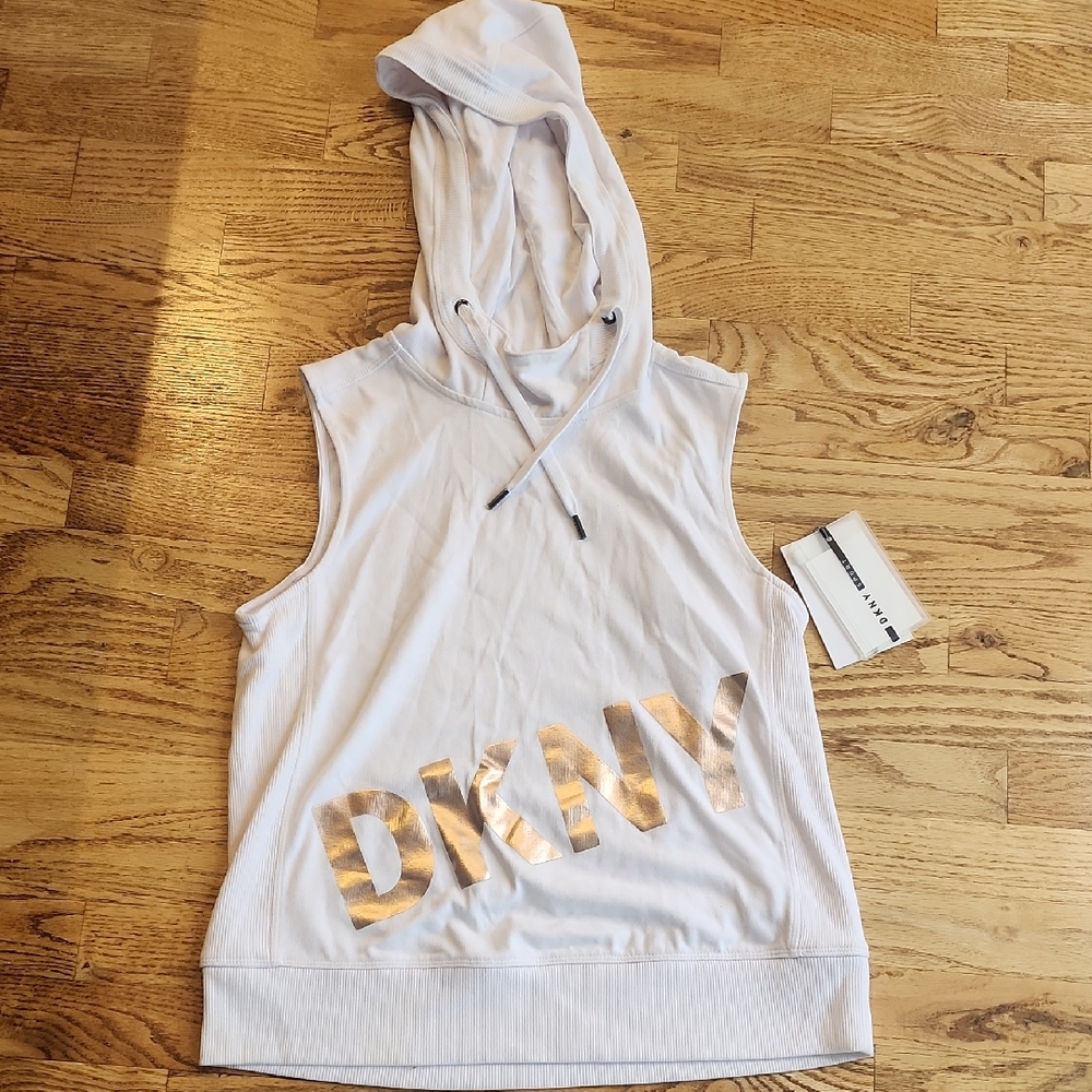 (S) DKNY White and Rose Gold Sleeveless Hoodie Athleisure Streetwear Comfy Vacay